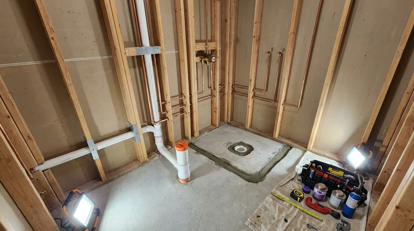 Bathroom rough-in plumbing during remodel by Johns Plumbing LLC in Springboro
