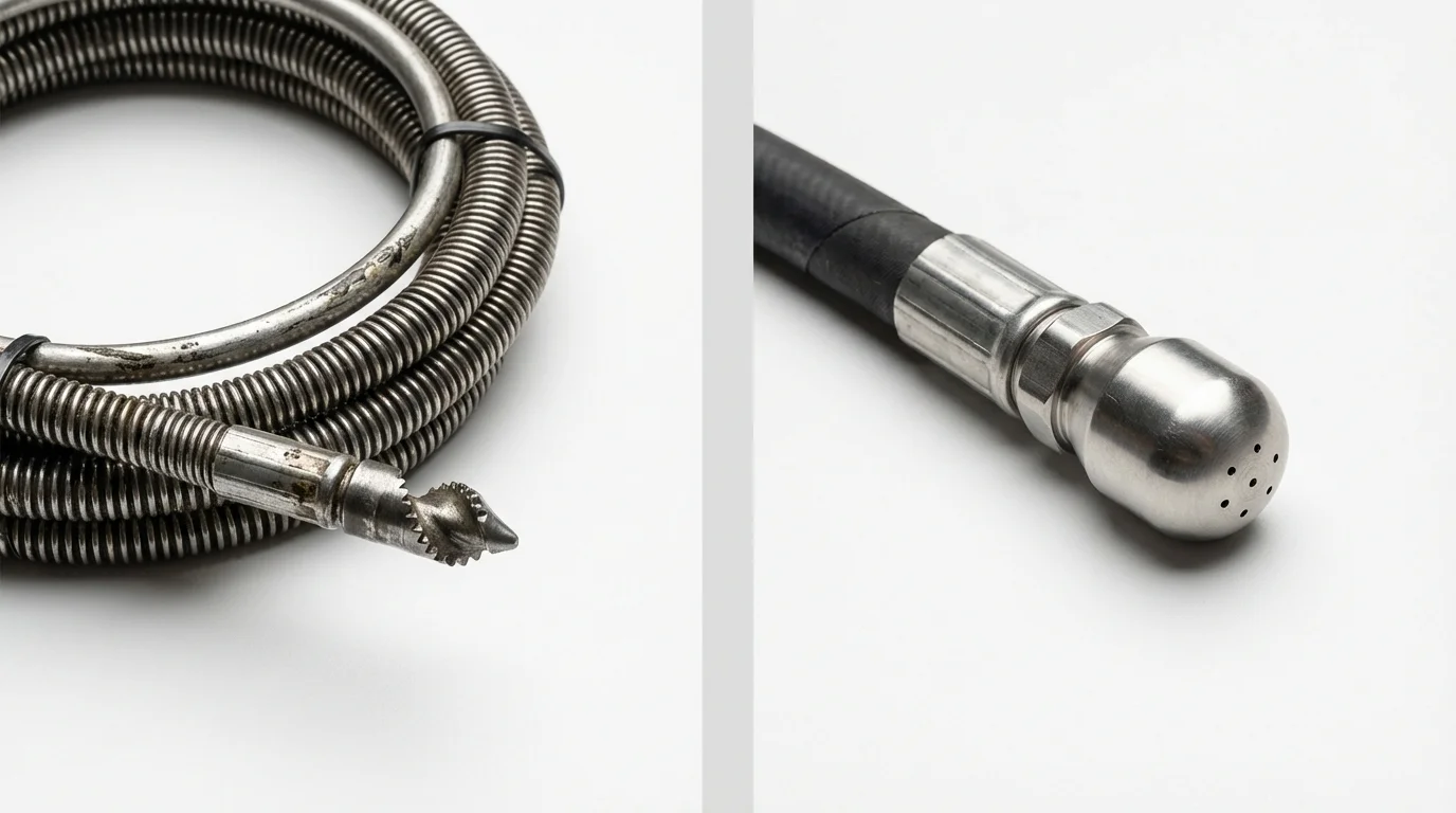 Drain snake cable and hydro jetting nozzle used for drain cleaning in Springboro, OH