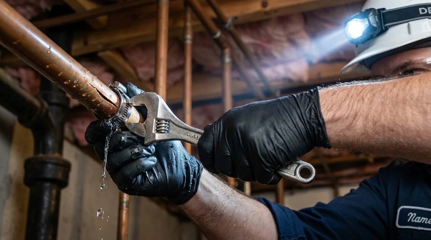 Emergency pipe clamp repair being performed by a Johns Plumbing LLC plumber in Springboro