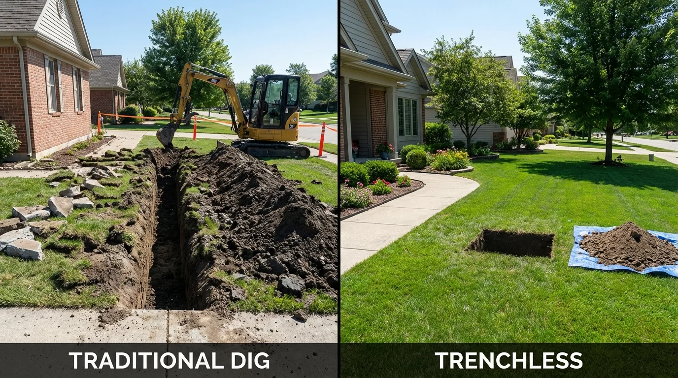 Trenchless sewer repair with minimal yard damage versus traditional excavation in Springboro, OH